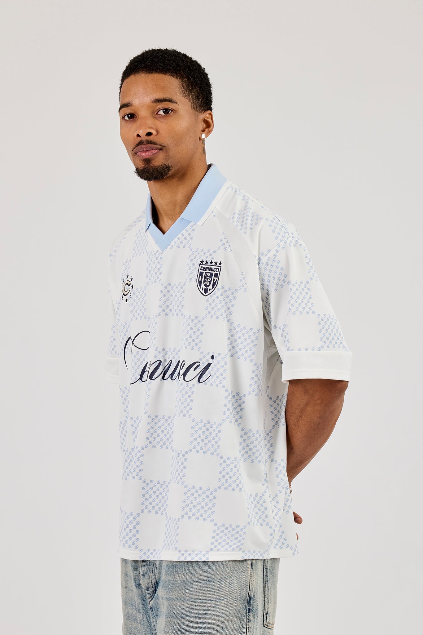 Check Printed Football Top - Light Blue